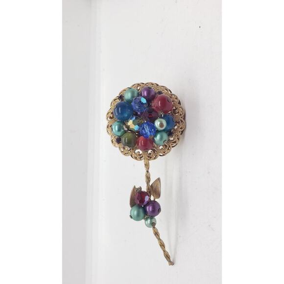 Vintage Ornate Flower Brooch Gold Filigree Beads Faux Pearl Rhinestone Haskell ? - Picture 2 of 11